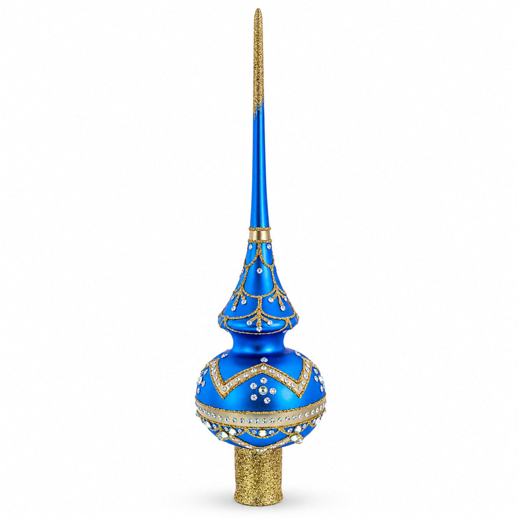 White Dial Clock on Blue and Gold Glass Christmas Tree Topper 11 Inches