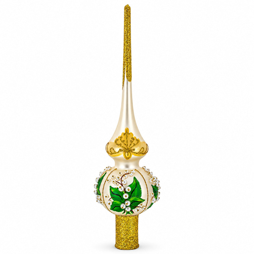 Lily of the Valley Flowers on Beige Glass Christmas Tree Topper 11 Inches