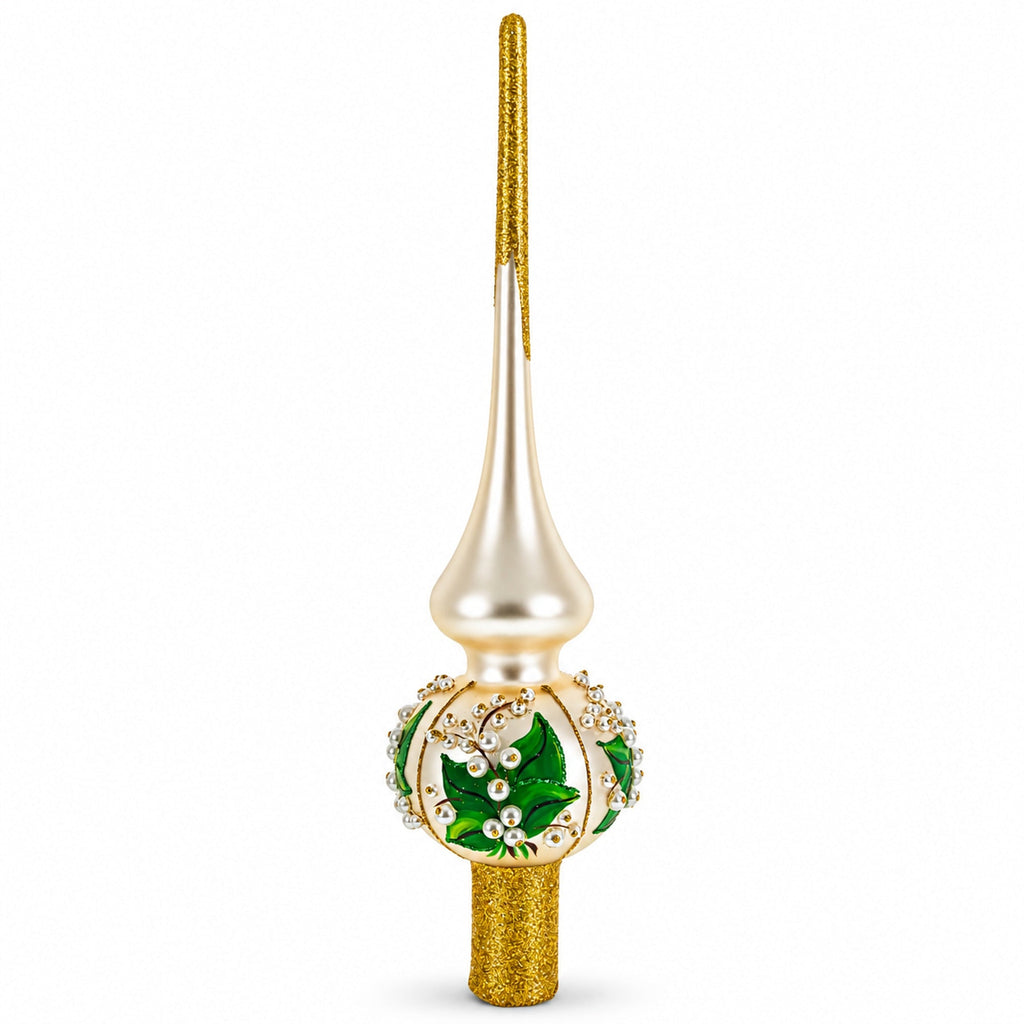 Lily of the Valley Flowers on Beige Glass Christmas Tree Topper 11 Inches