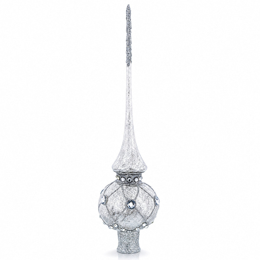 Dimensional White Jewels on Speckled Silver Glass Christmas Tree Topper 11 Inches
