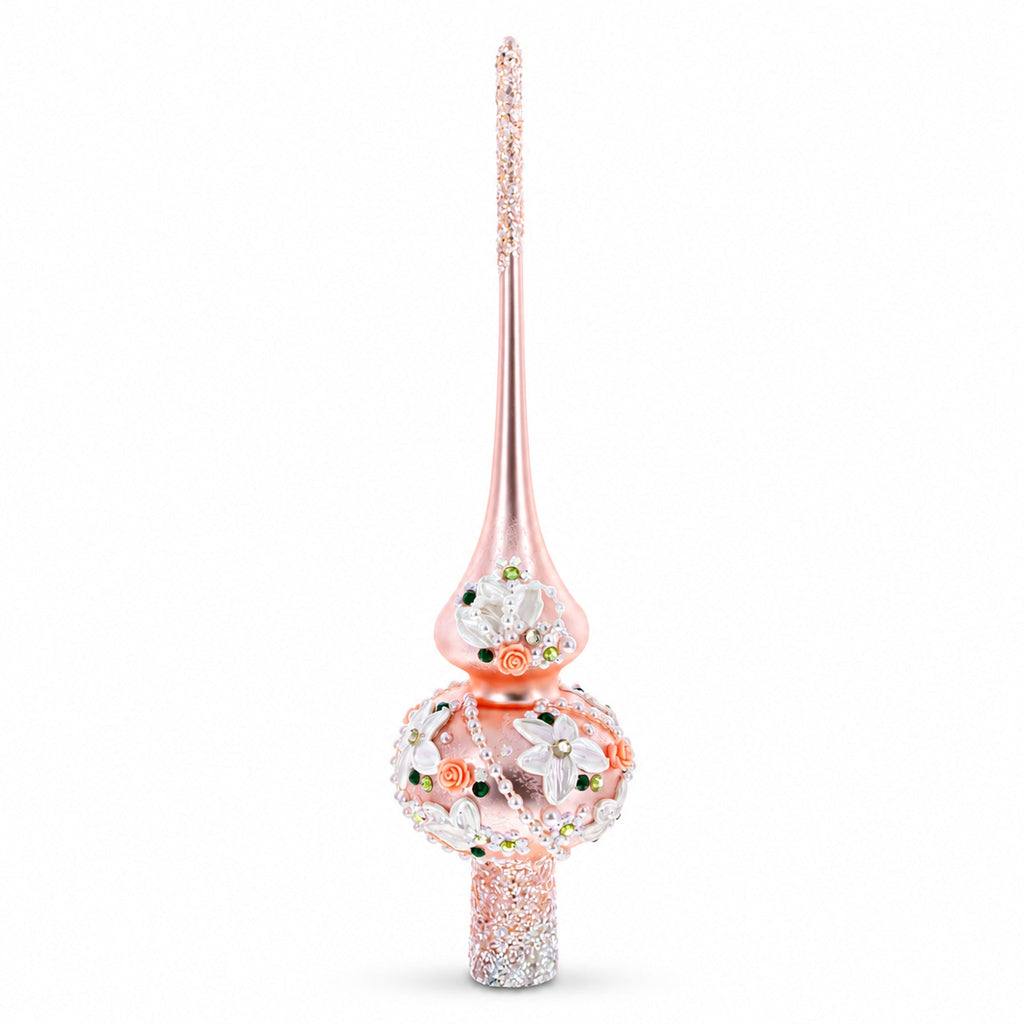 Pink Flowers on Metallic Rose Pink Glass Christmas Tree Topper 11 Inches