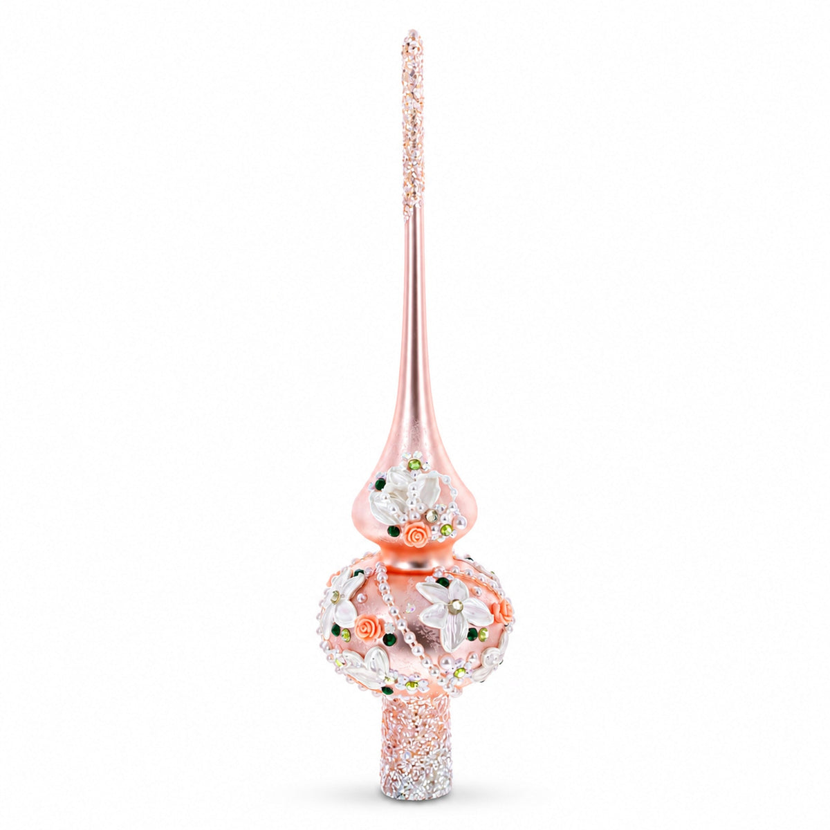 Pink Flowers on Metallic Rose Pink Glass Christmas Tree Topper 11 Inches