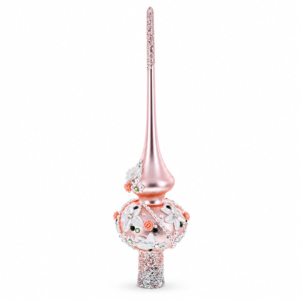 Pink Flowers on Metallic Rose Pink Glass Christmas Tree Topper 11 Inches