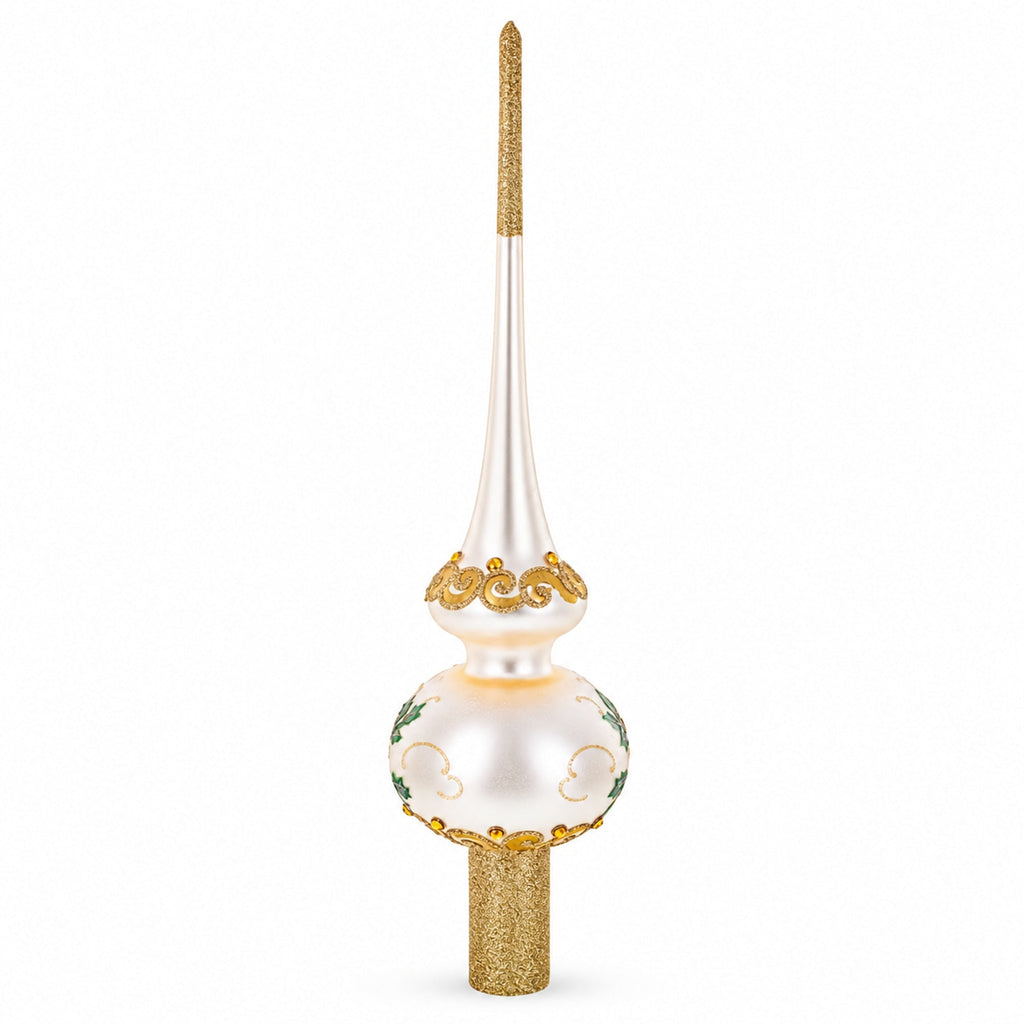 White Flowers Bouquet on Beige Glass Christmas Tree Topper 11 Inches