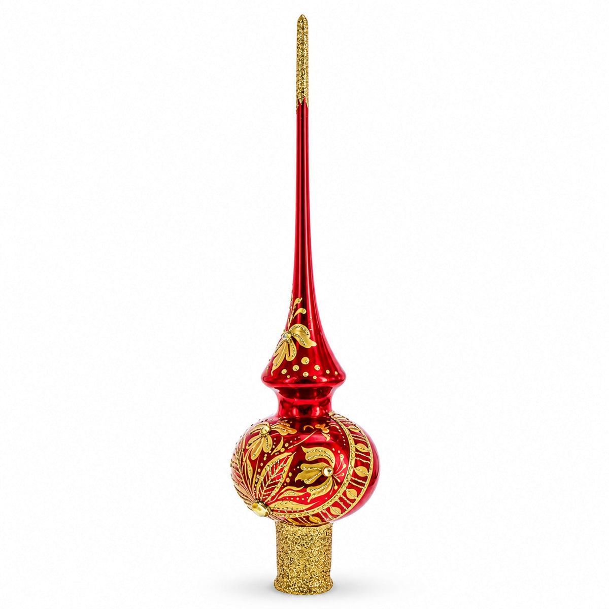 Golden Flowers Bouquet on Glossy Red Glass Christmas Tree Topper 11 Inches