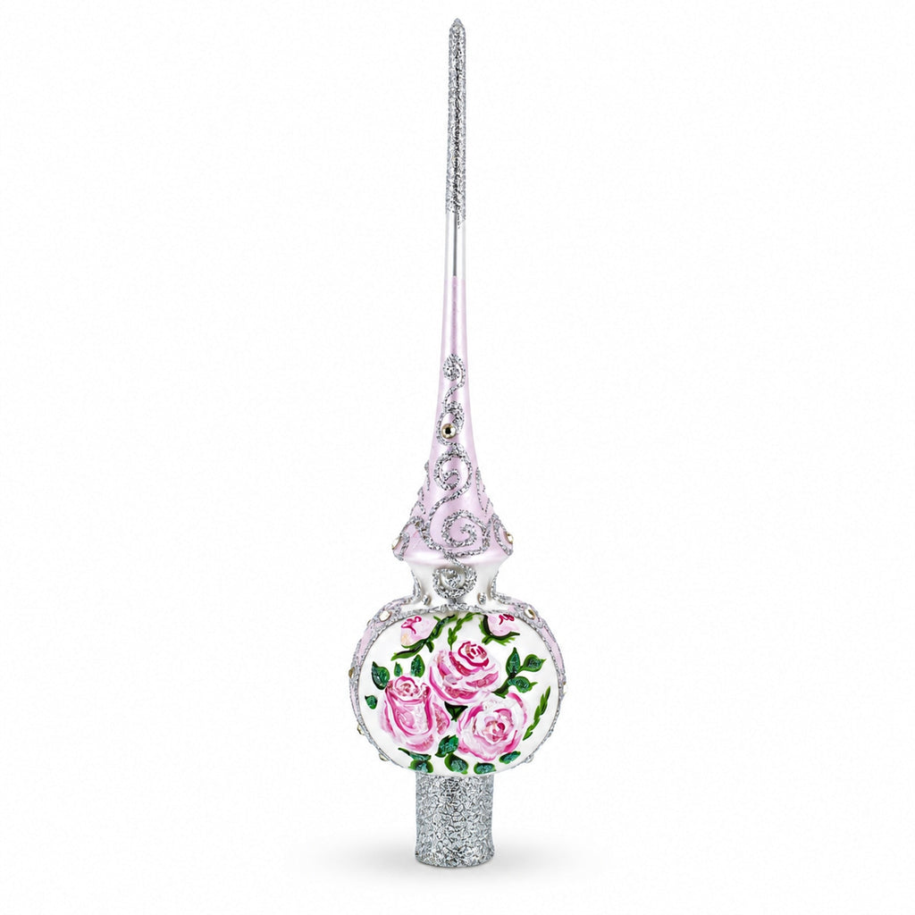 Pink Flowers Bouquet on Silver Glass Christmas Tree Topper 11 Inches