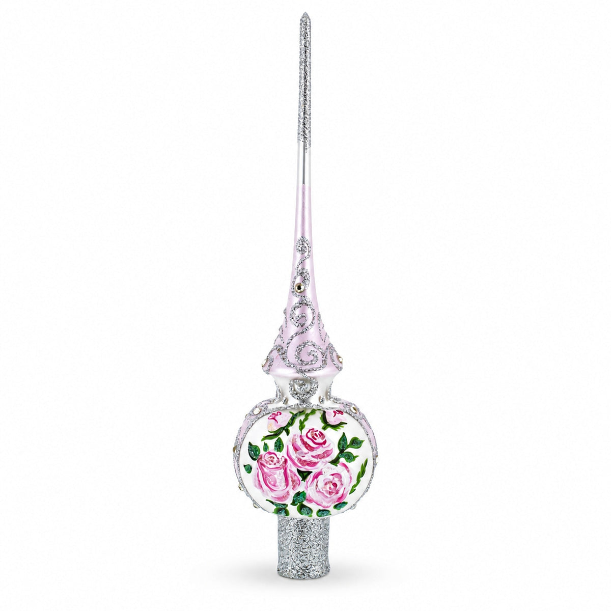 Pink Flowers Bouquet on Silver Glass Christmas Tree Topper 11 Inches