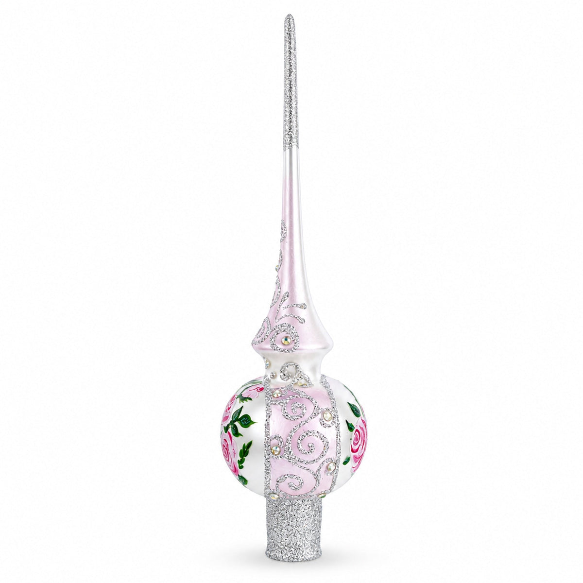Pink Flowers Bouquet on Silver Glass Christmas Tree Topper 11 Inches