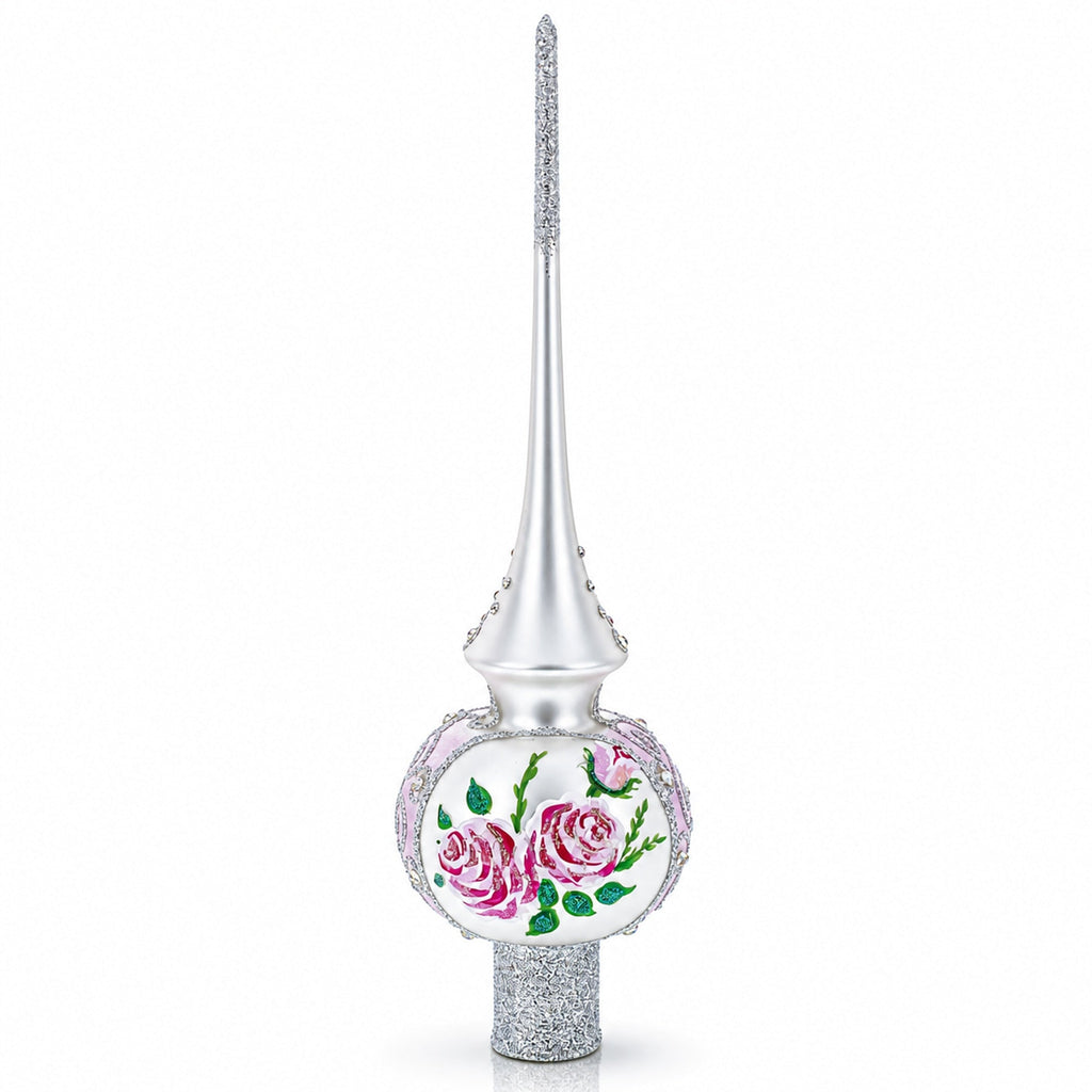 Pink Flowers Bouquet on Silver Glass Christmas Tree Topper 11 Inches