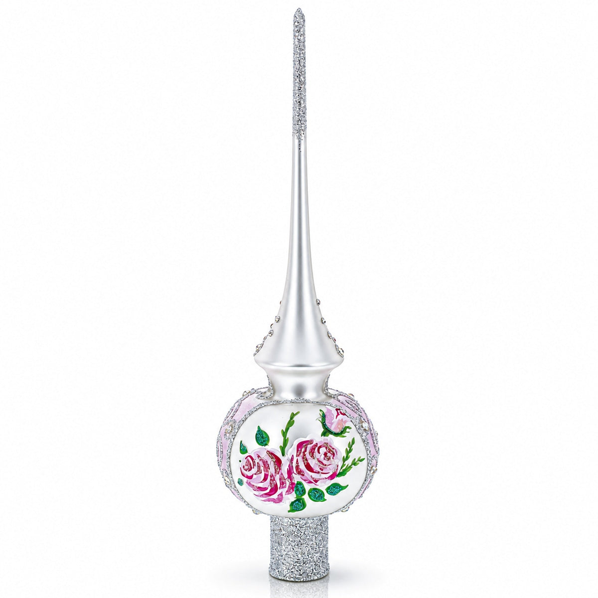 Pink Flowers Bouquet on Silver Glass Christmas Tree Topper 11 Inches
