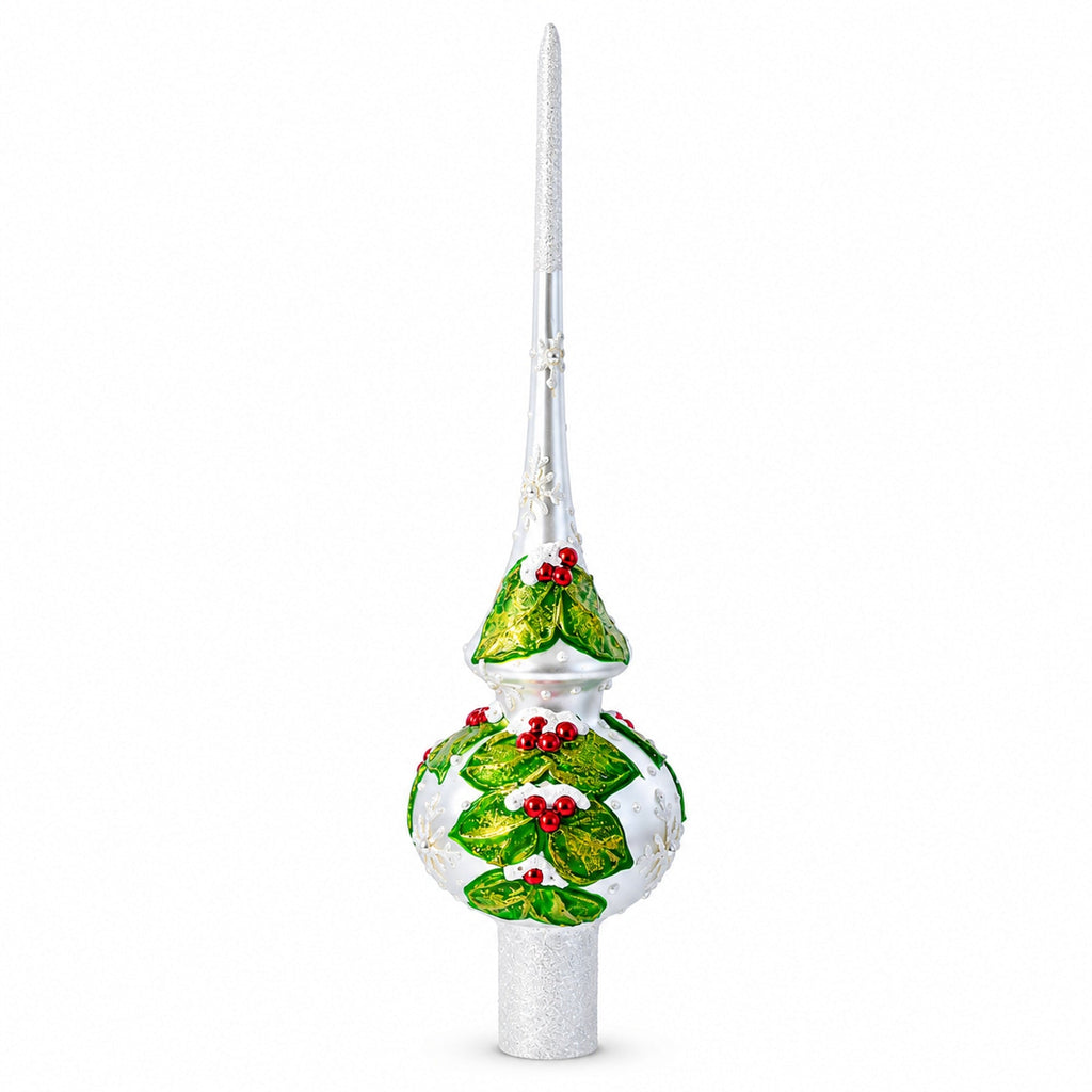 Dimensional Red Berries with Leaves on White Glass Christmas Tree Topper 11 Inches