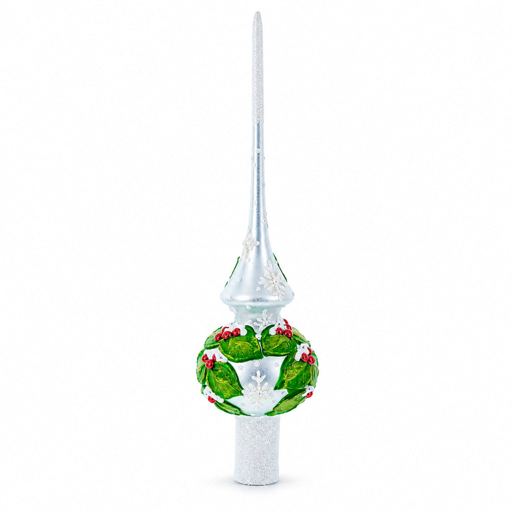 Dimensional Red Berries with Leaves on White Glass Christmas Tree Topper 11 Inches
