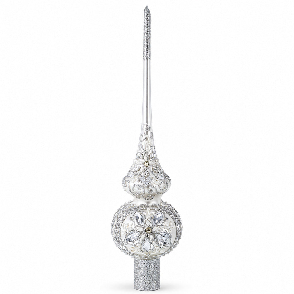 White Jewels Star on Glossy Silver Glass Christmas Tree Topper 11 Inches
