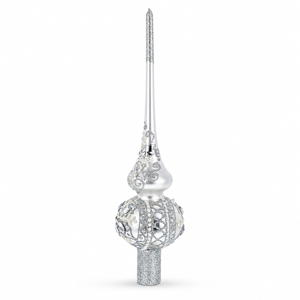 White Jewels Star on Glossy Silver Glass Christmas Tree Topper 11 Inches