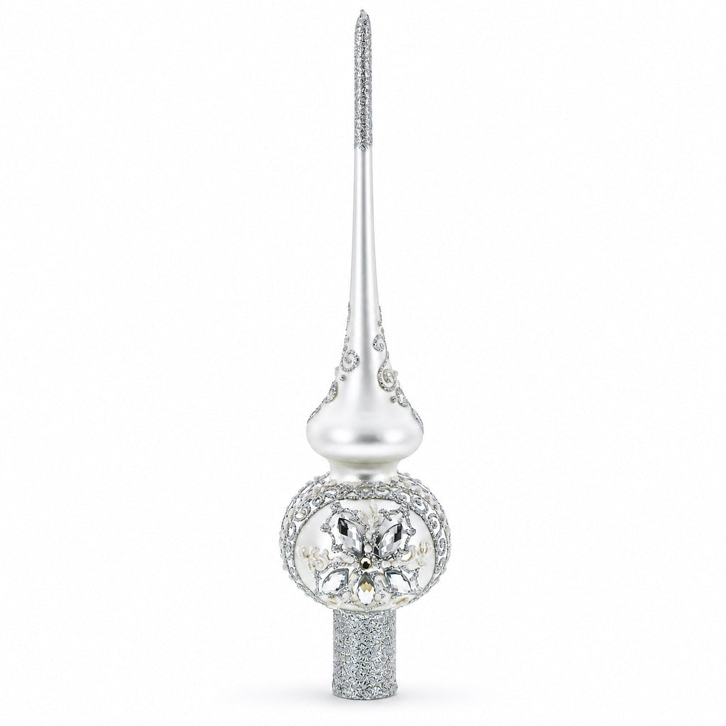 White Jewels Star on Glossy Silver Glass Christmas Tree Topper 11 Inches