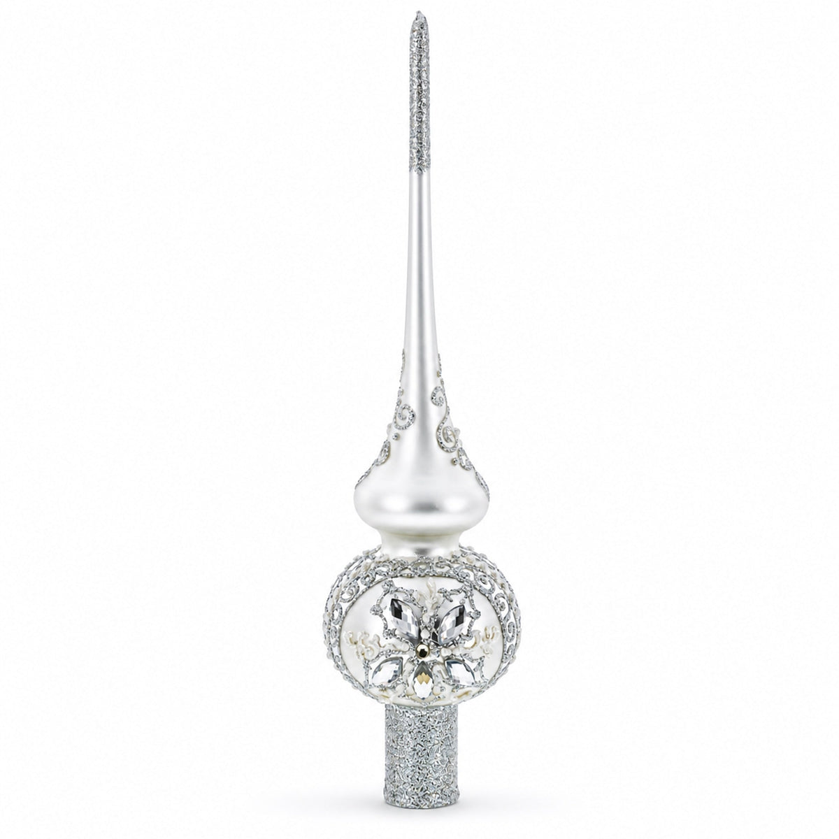 White Jewels Star on Glossy Silver Glass Christmas Tree Topper 11 Inches