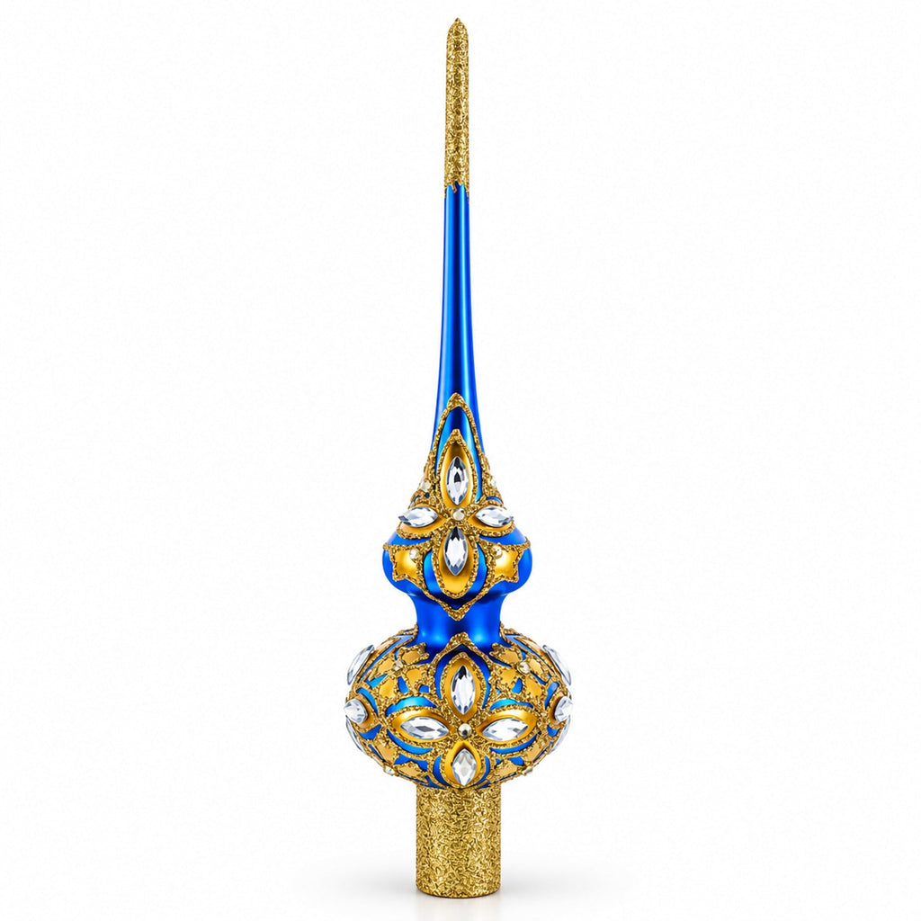Diamond Stars on Blue and Gold Glass Christmas Tree Topper 11 Inches