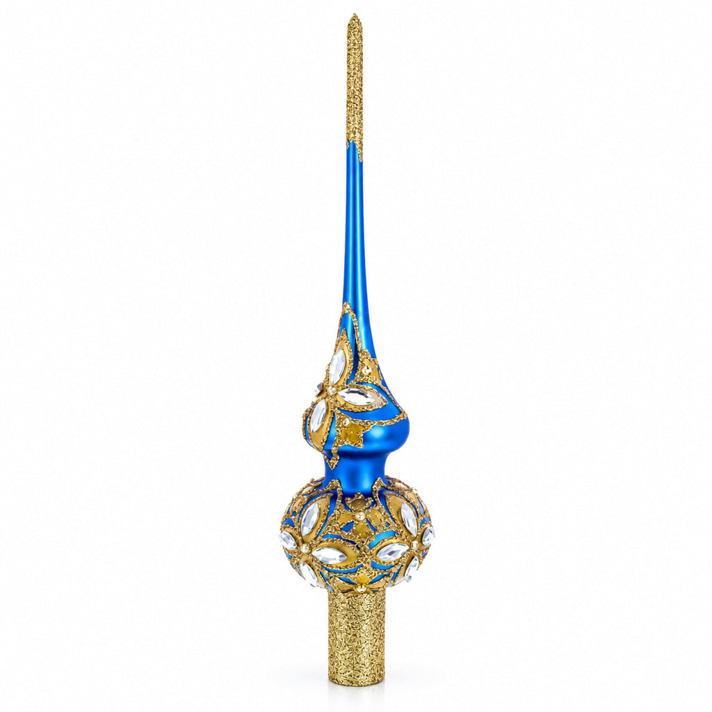Diamond Stars on Blue and Gold Glass Christmas Tree Topper 11 Inches