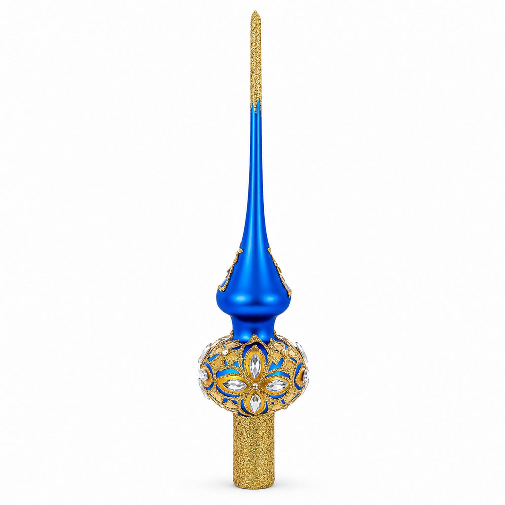 Diamond Stars on Blue and Gold Glass Christmas Tree Topper 11 Inches
