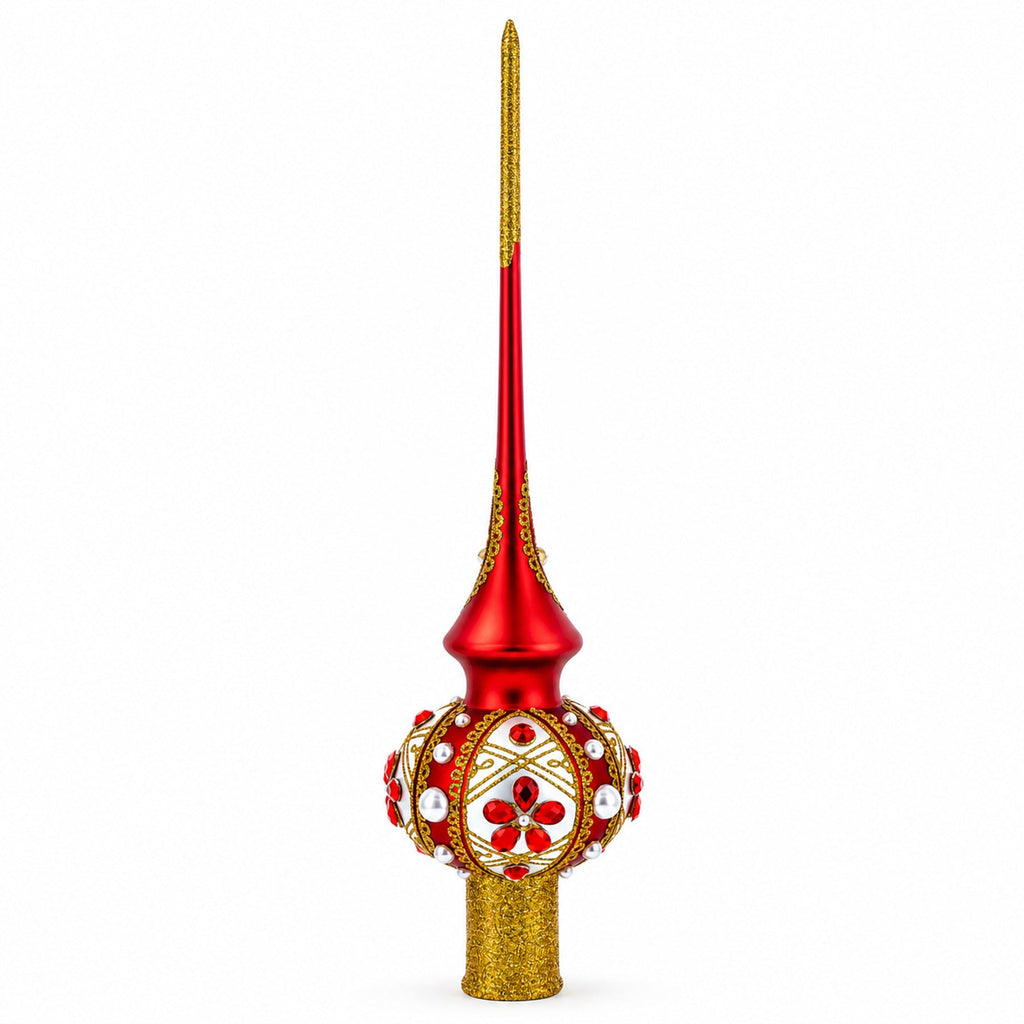 Red Jewels and White Pearls on Red Glass Christmas Tree Topper 11 Inches