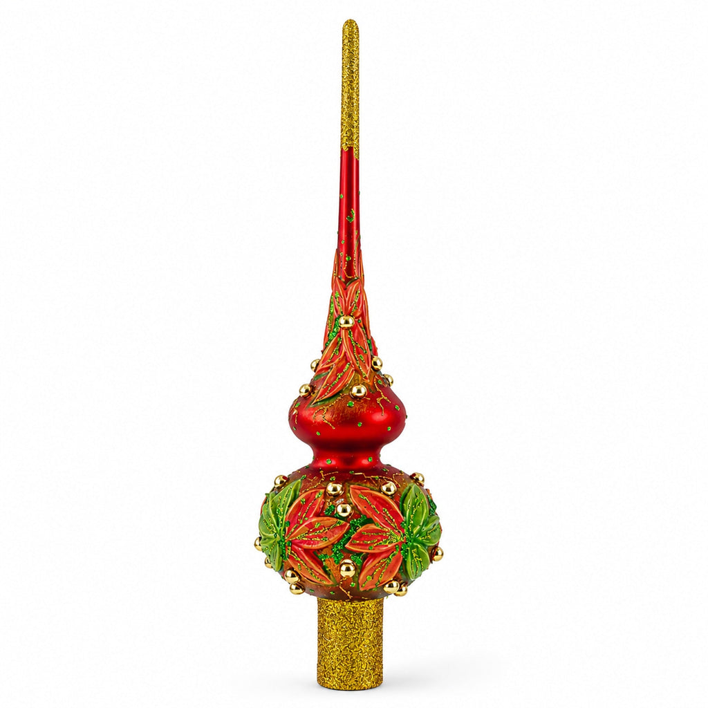 Red and Green Leaves on Red Glass Christmas Tree Topper 11 Inches