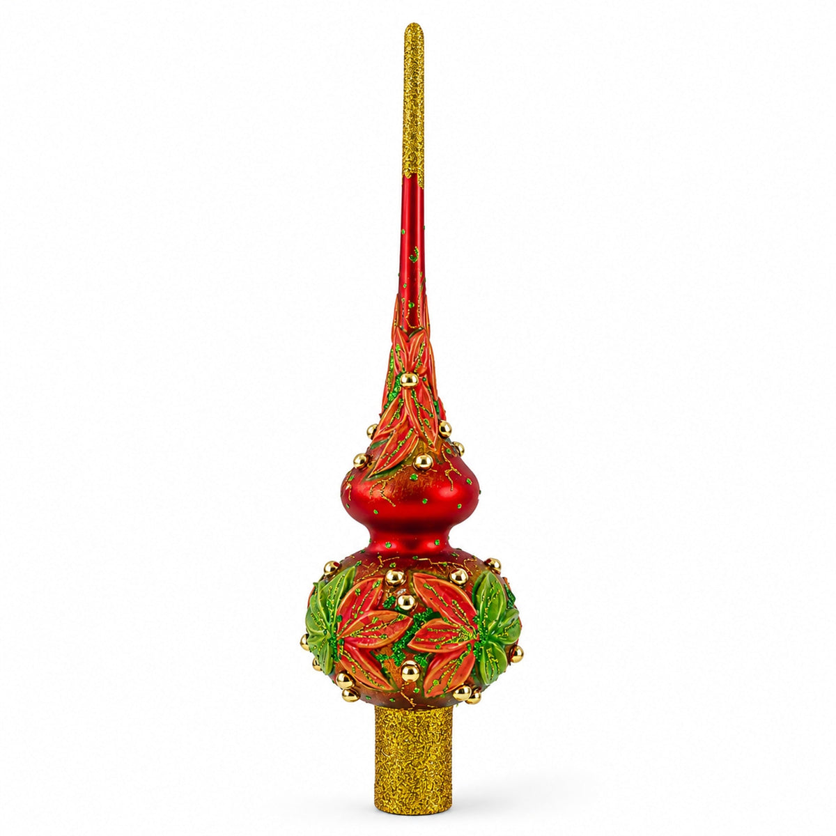 Red and Green Leaves on Red Glass Christmas Tree Topper 11 Inches