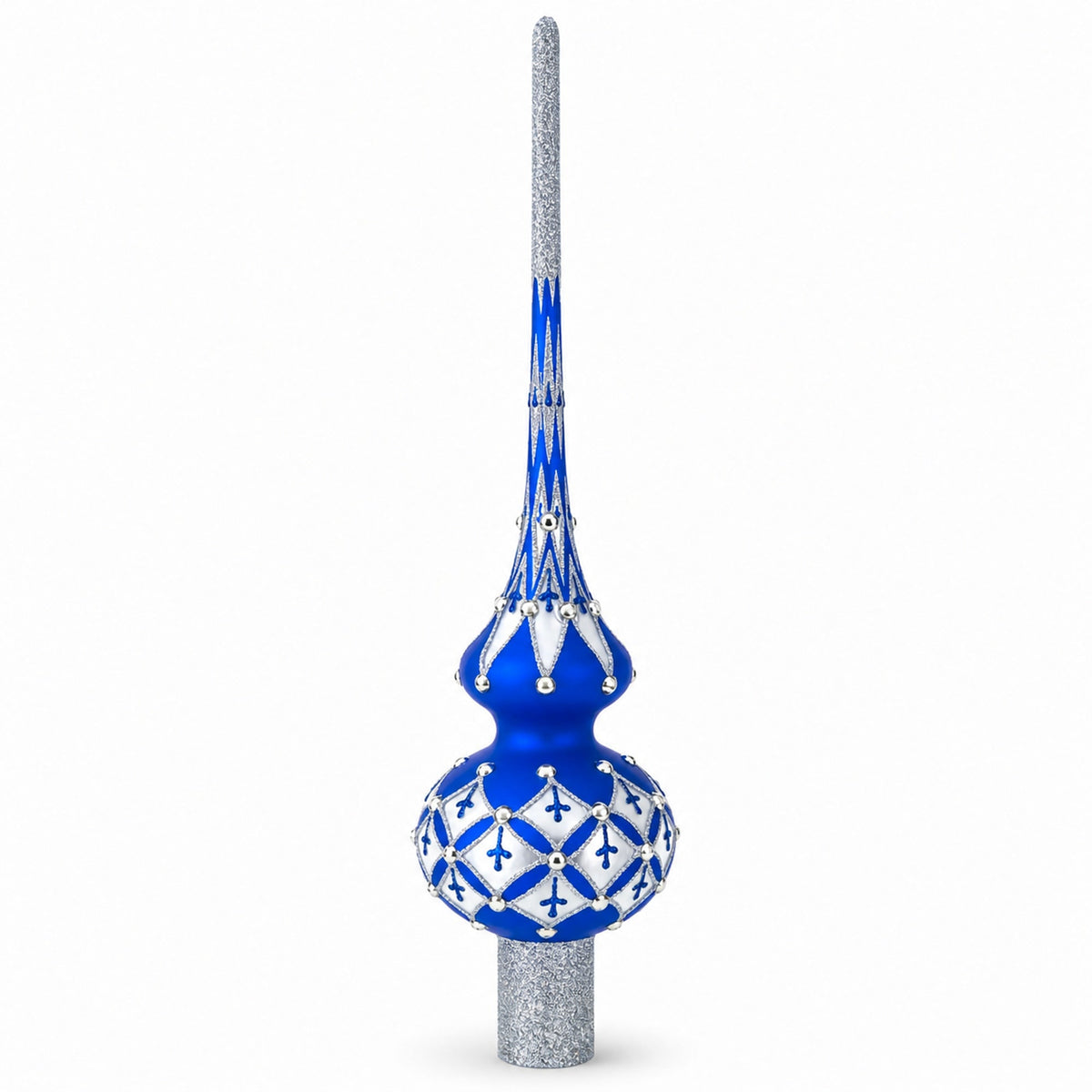 Silver Diamonds on Blue Glass Christmas Tree Topper 11 Inches