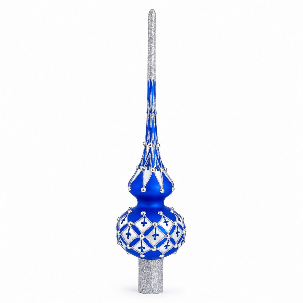 Silver Diamonds on Blue Glass Christmas Tree Topper 11 Inches