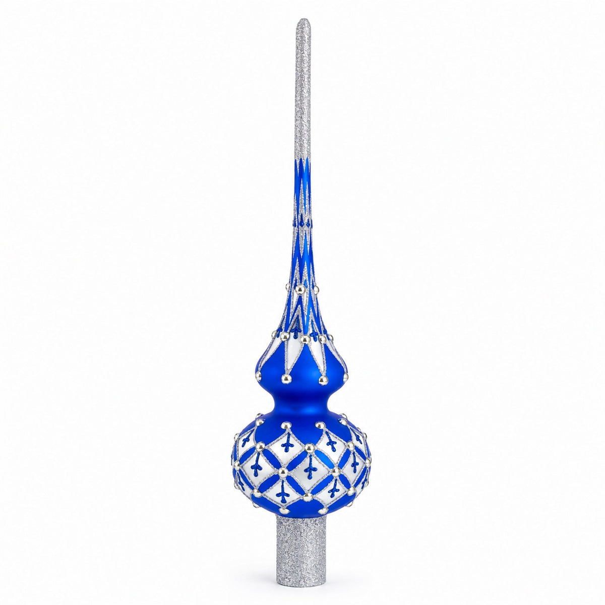 Silver Diamonds on Blue Glass Christmas Tree Topper 11 Inches