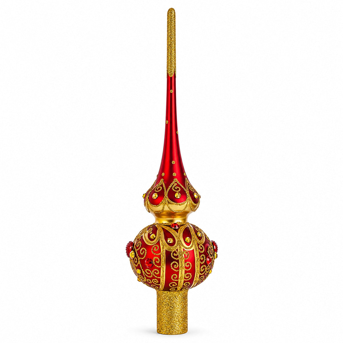 Golden Scrolls on Red Glass Christmas Tree Topper 11 Inches