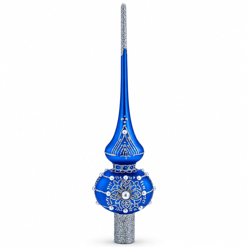Silver Web on Blue Glass Christmas Tree Topper 11 Inches