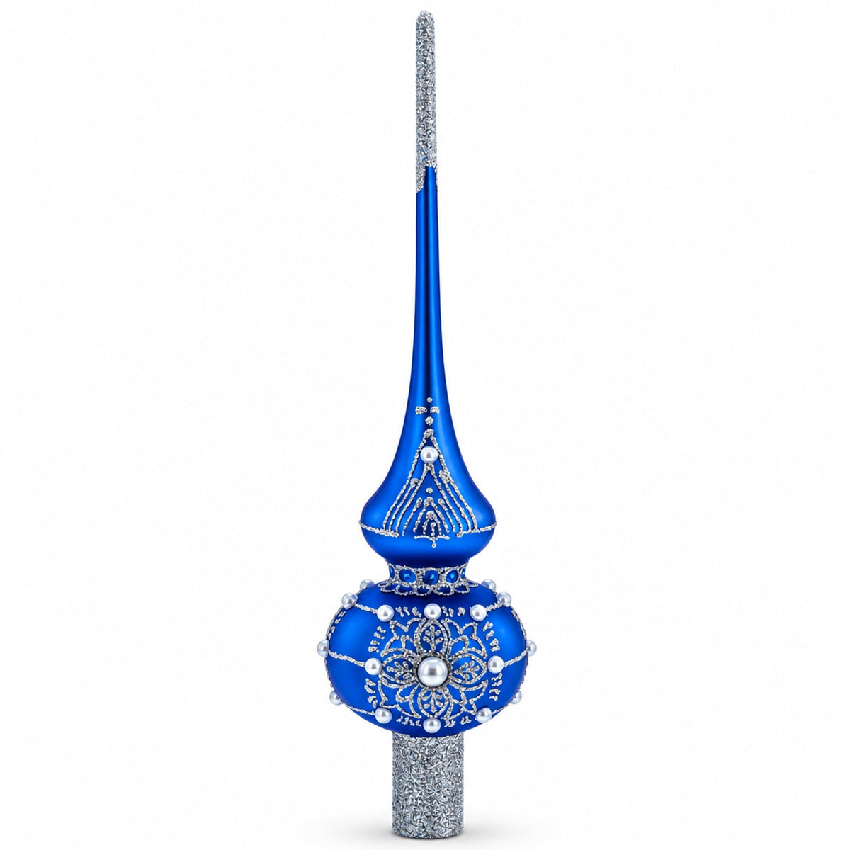 Silver Web on Blue Glass Christmas Tree Topper 11 Inches