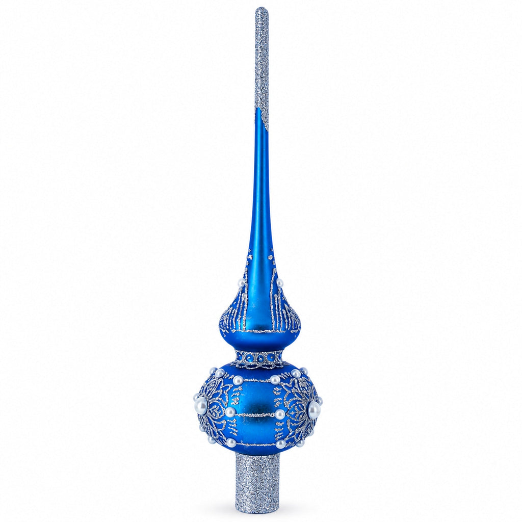 Silver Web on Blue Glass Christmas Tree Topper 11 Inches