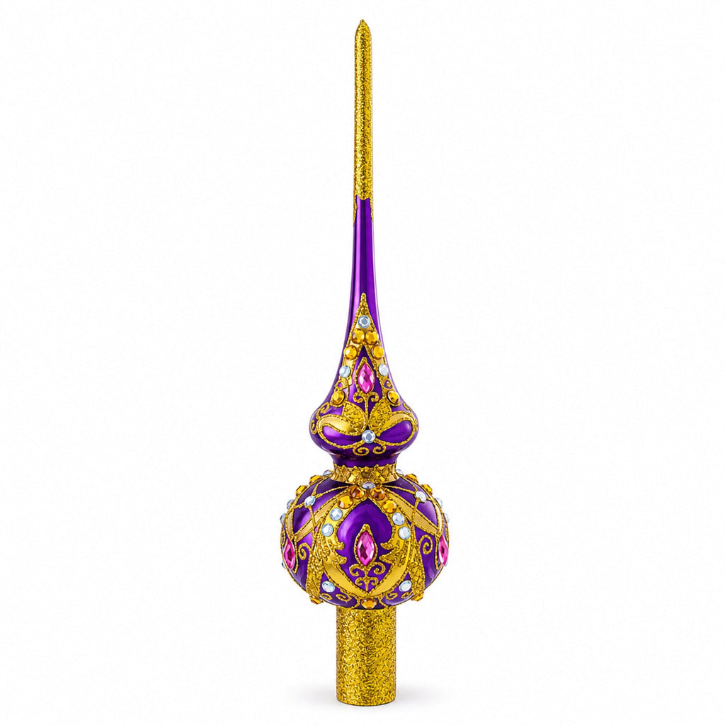 Gold and White Jewels on Purple Glass Christmas Tree Topper 11 Inches