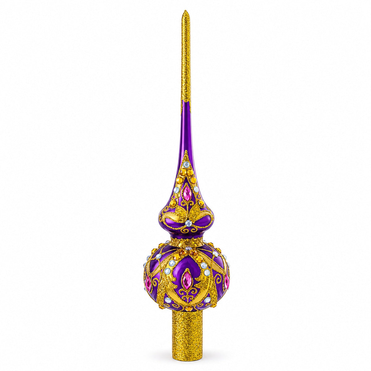 Gold and White Jewels on Purple Glass Christmas Tree Topper 11 Inches