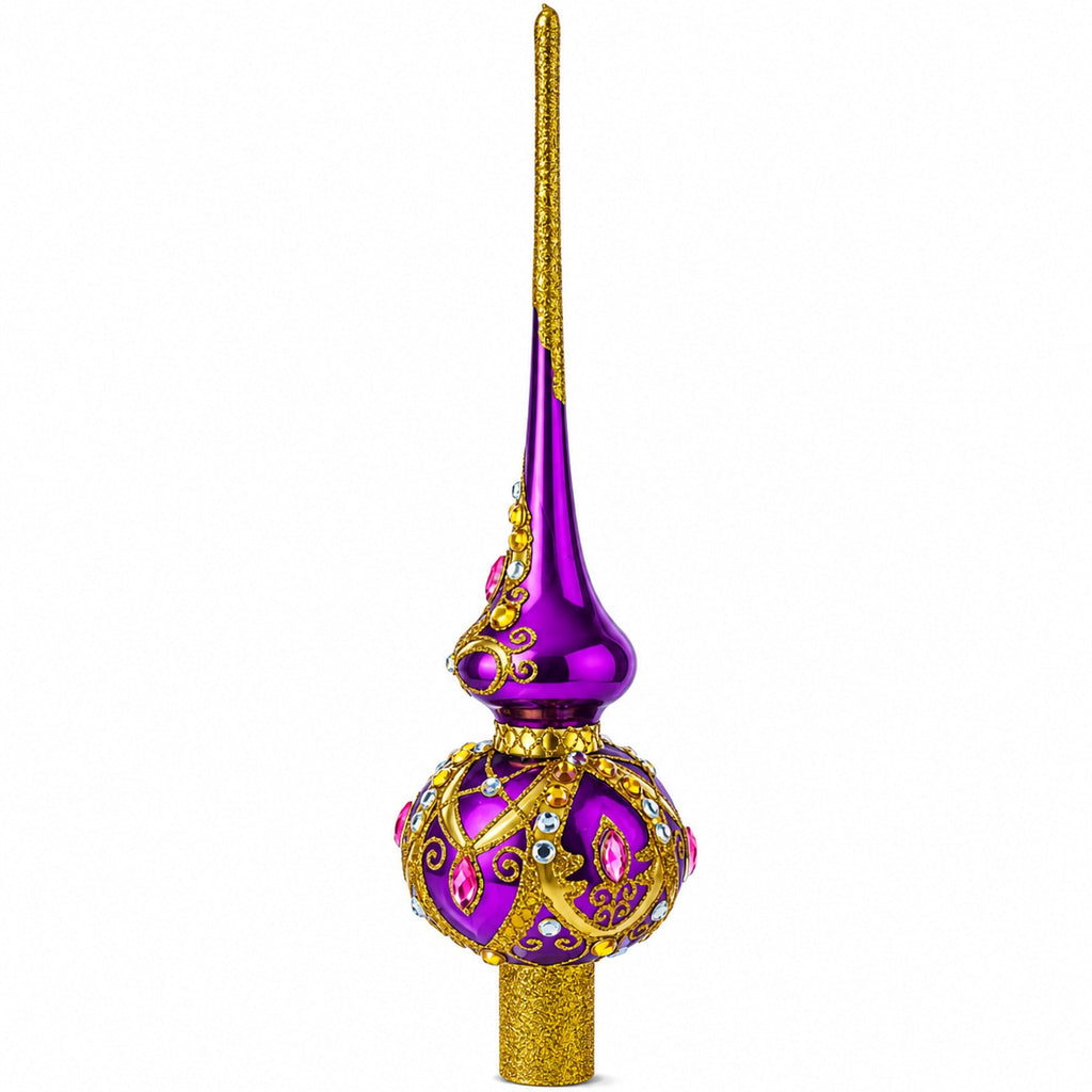 Gold and White Jewels on Purple Glass Christmas Tree Topper 11 Inches