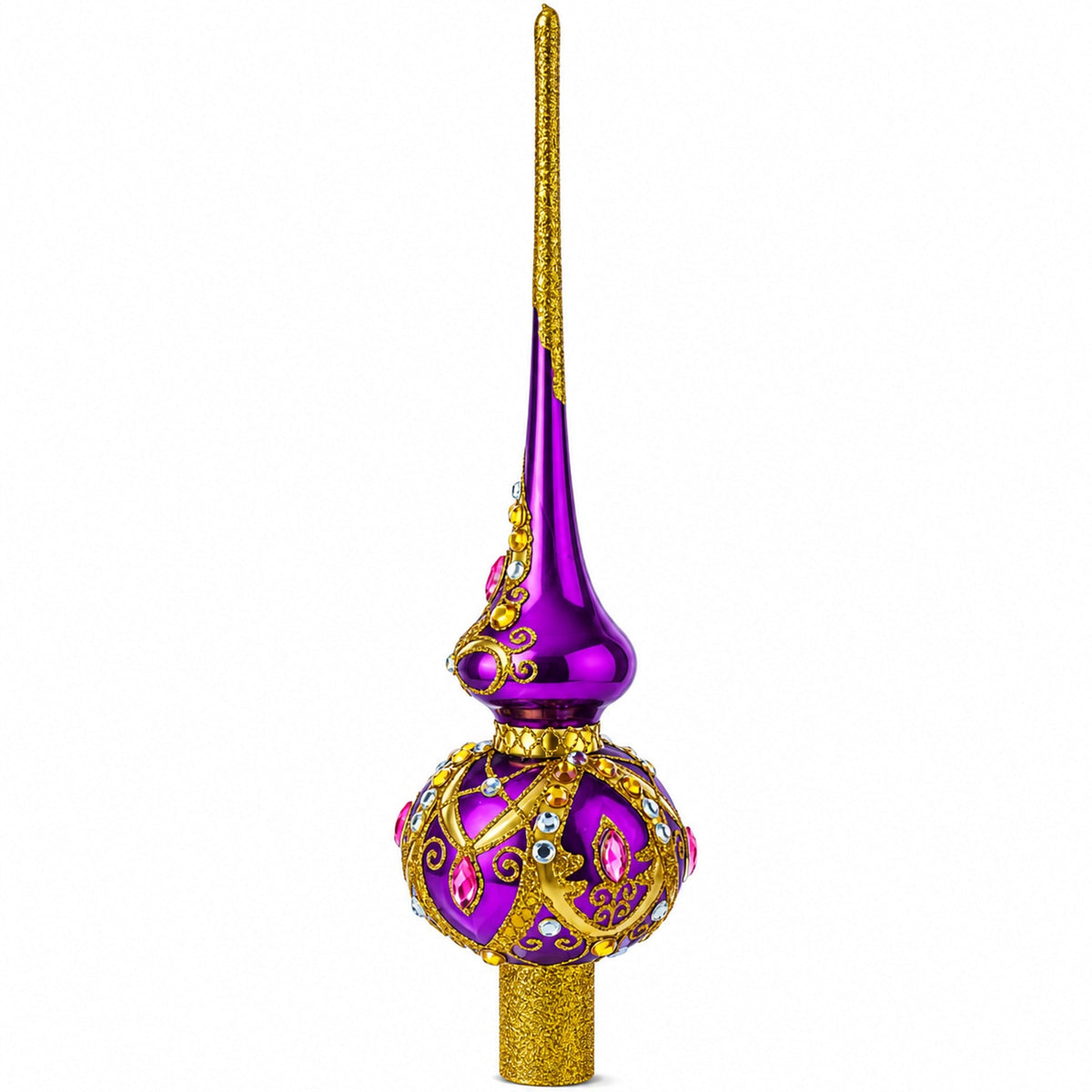Gold and White Jewels on Purple Glass Christmas Tree Topper 11 Inches