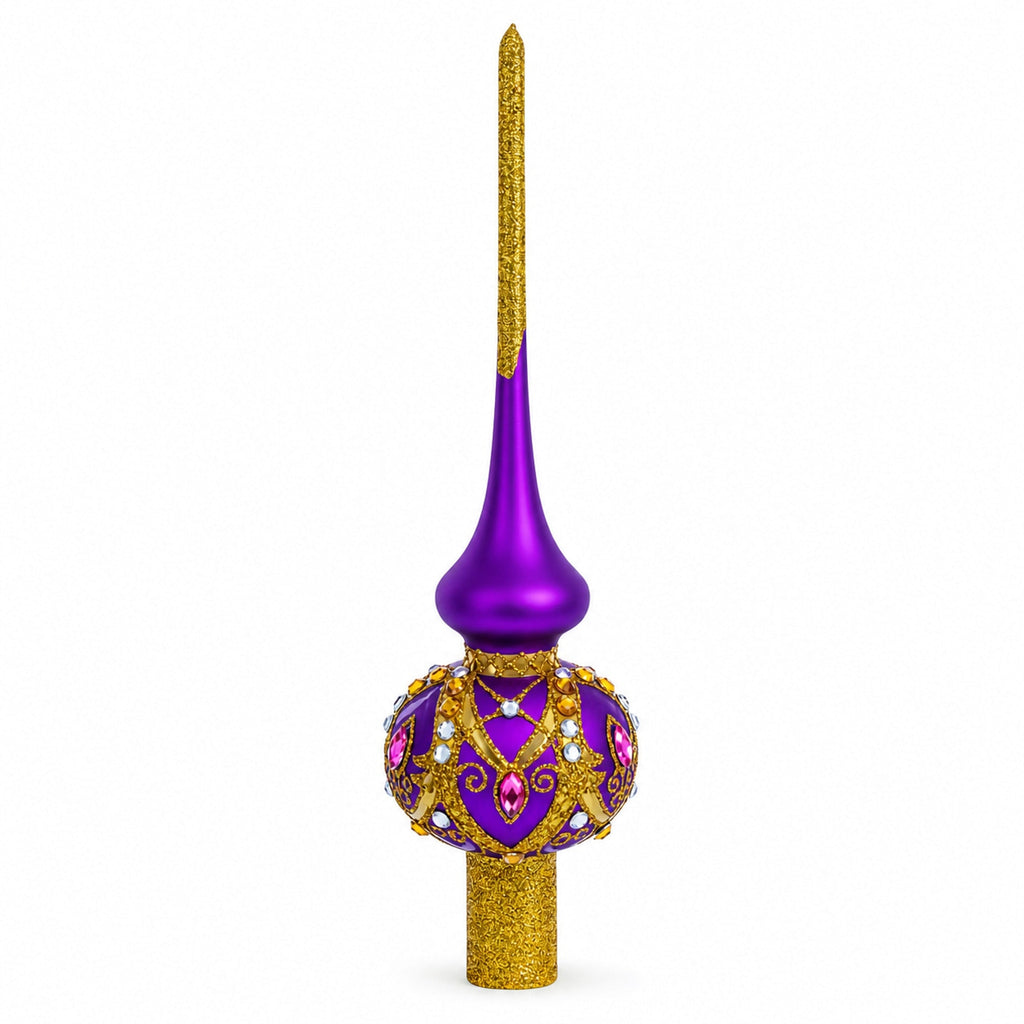 Gold and White Jewels on Purple Glass Christmas Tree Topper 11 Inches