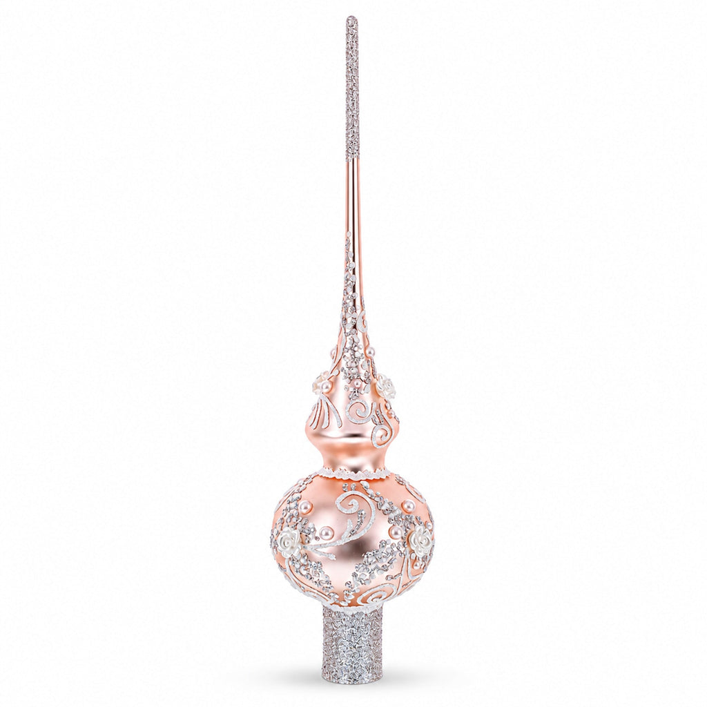 Silver Swirls on Metallic Rose Pink Glass Christmas Tree Topper 11 Inches