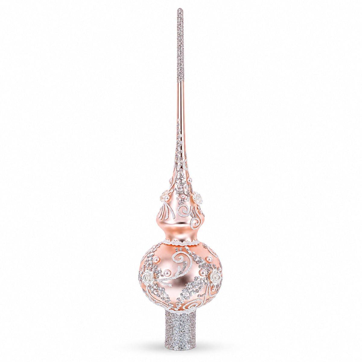Silver Swirls on Metallic Rose Pink Glass Christmas Tree Topper 11 Inches