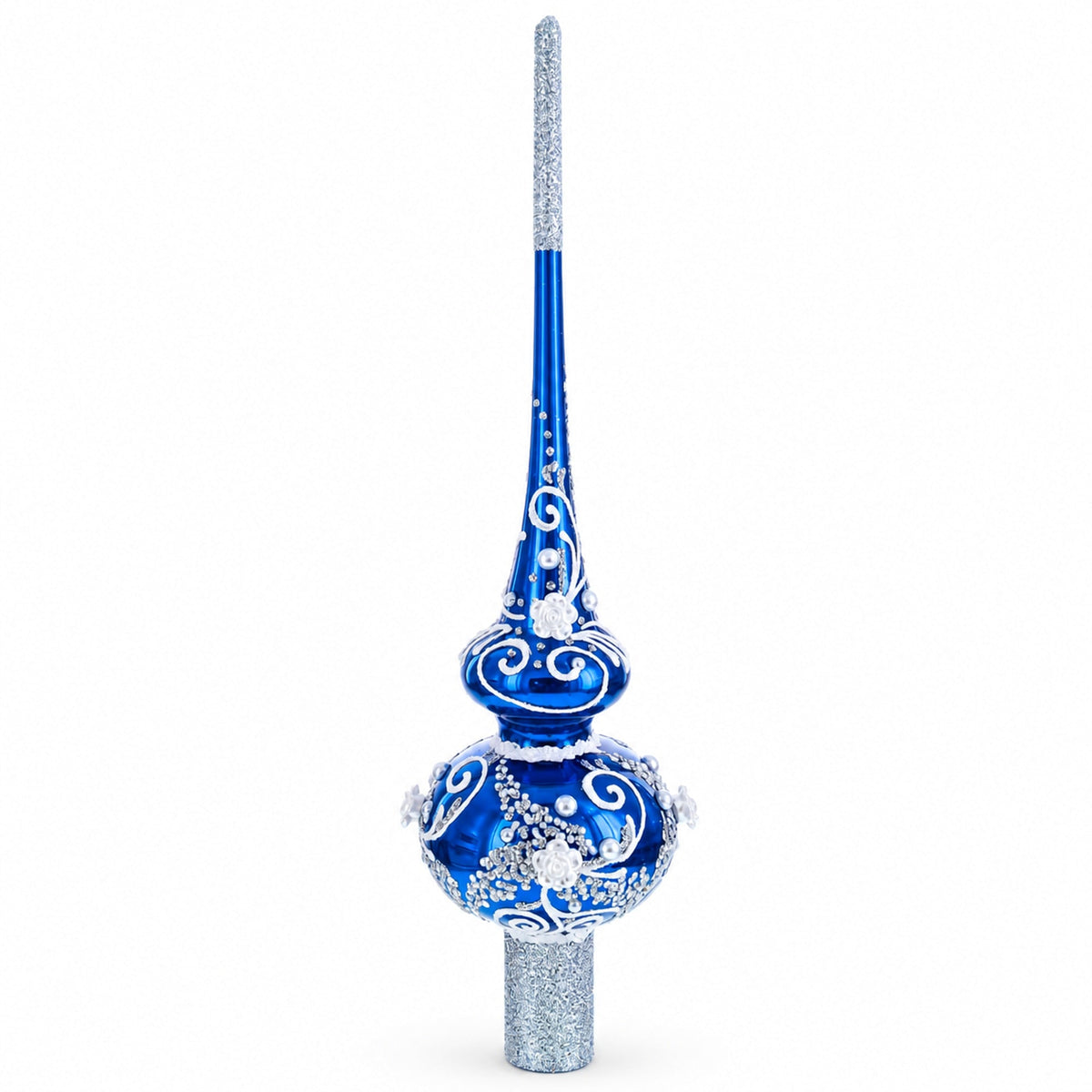 Silver Swirls on Blue Glass Christmas Tree Topper 11 Inches