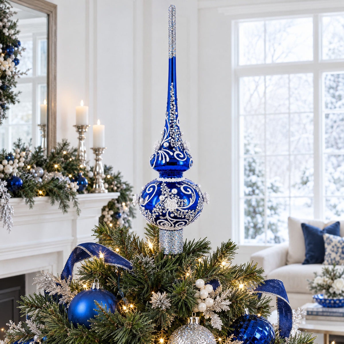 Silver Swirls on Blue Glass Christmas Tree Topper 11 Inches