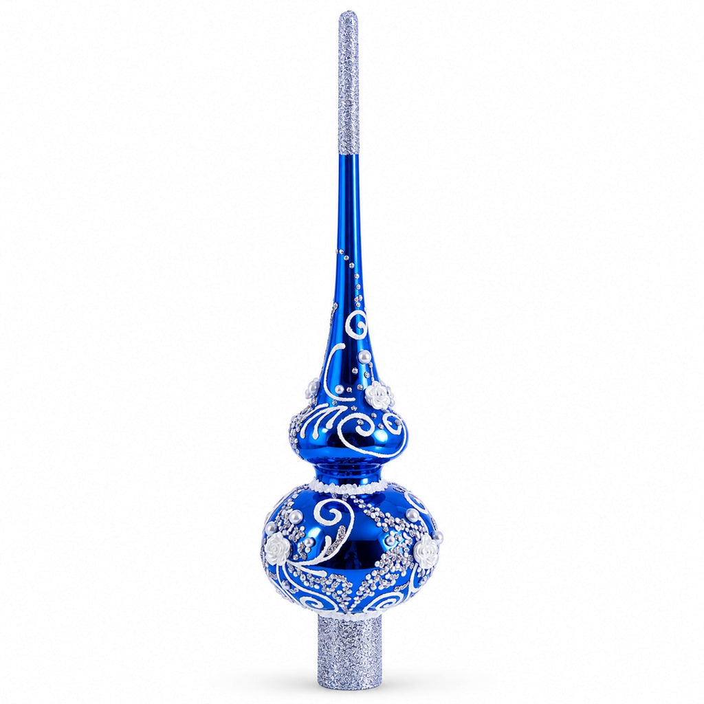 Silver Swirls on Blue Glass Christmas Tree Topper 11 Inches