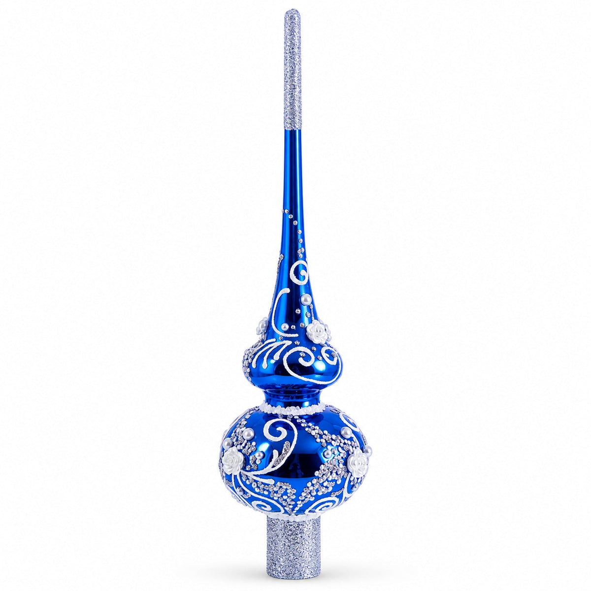 Silver Swirls on Blue Glass Christmas Tree Topper 11 Inches