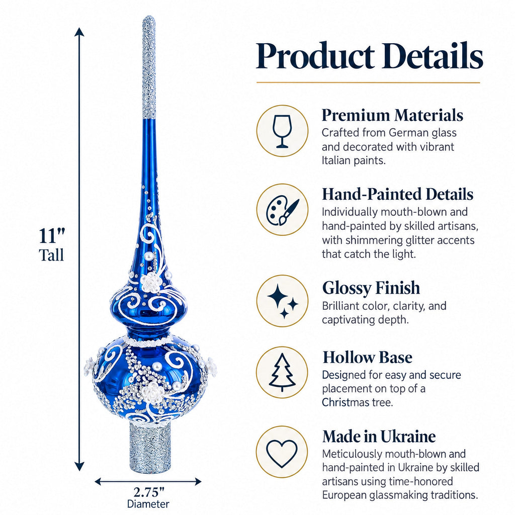 Silver Swirls on Blue Glass Christmas Tree Topper 11 Inches