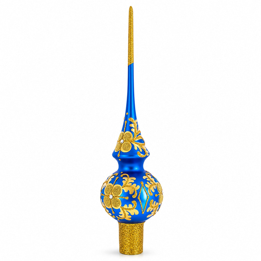 Jeweled Golden Leaves on Blue Glass Christmas Tree Topper 11 Inches