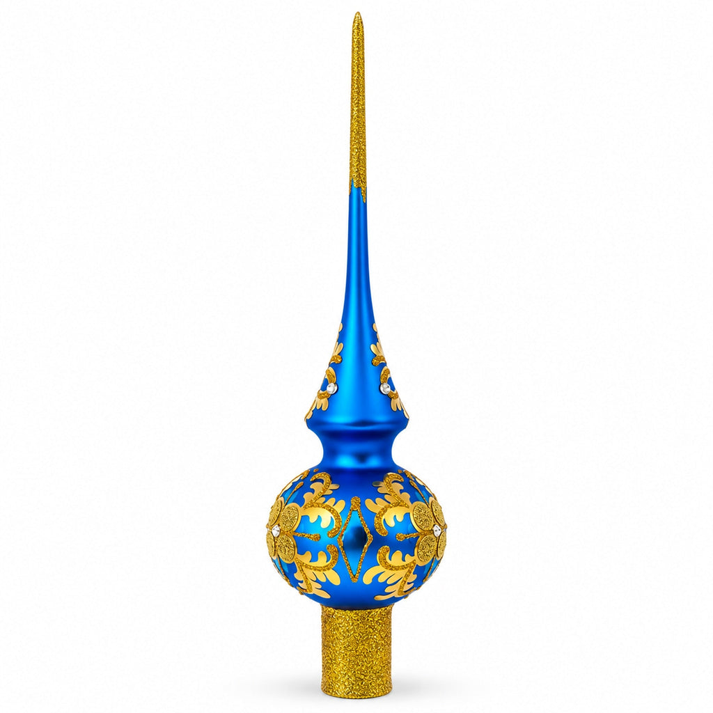 Jeweled Golden Leaves on Blue Glass Christmas Tree Topper 11 Inches