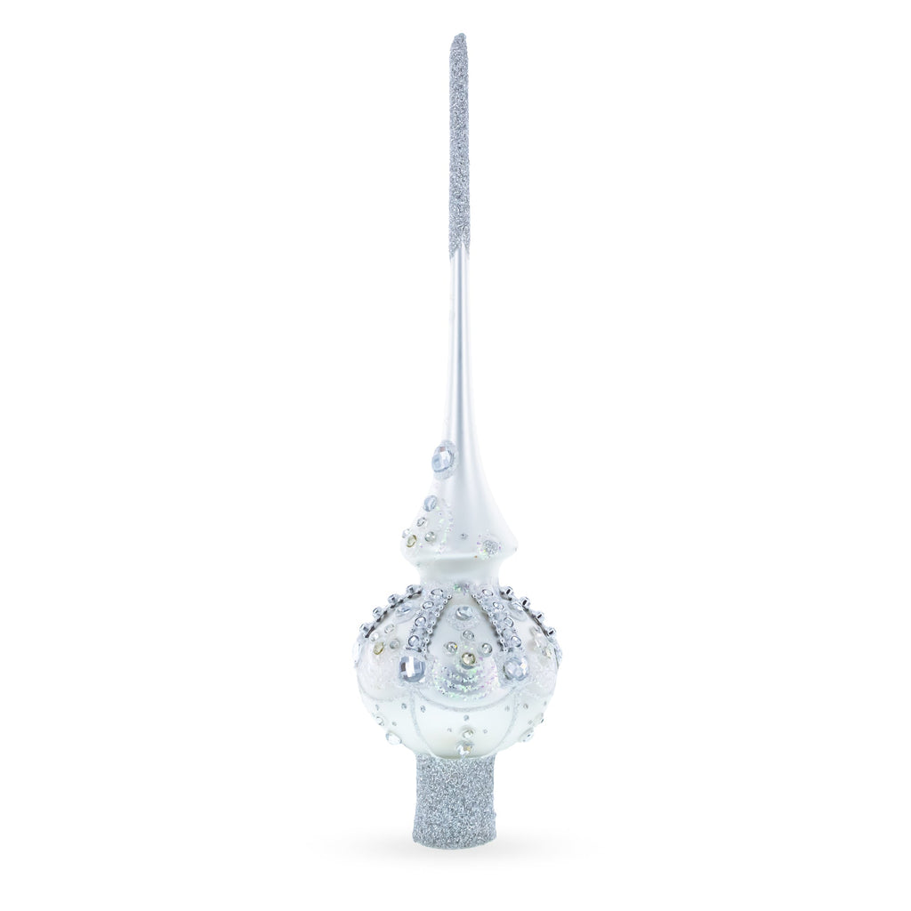 White Jewels on Silver Glass Christmas Tree Topper 11 Inches