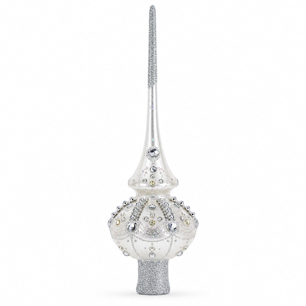 White Jewels on Silver Glass Christmas Tree Topper 11 Inches