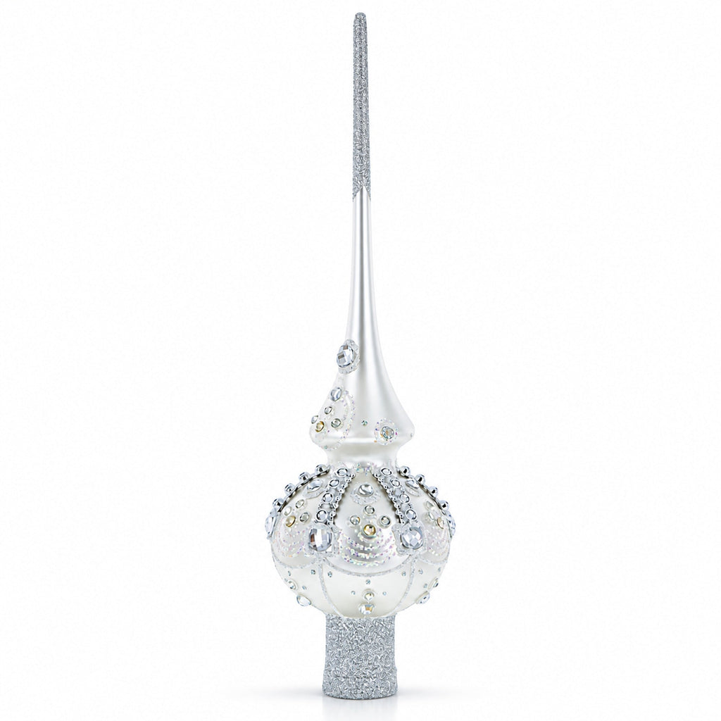White Jewels on Silver Glass Christmas Tree Topper 11 Inches